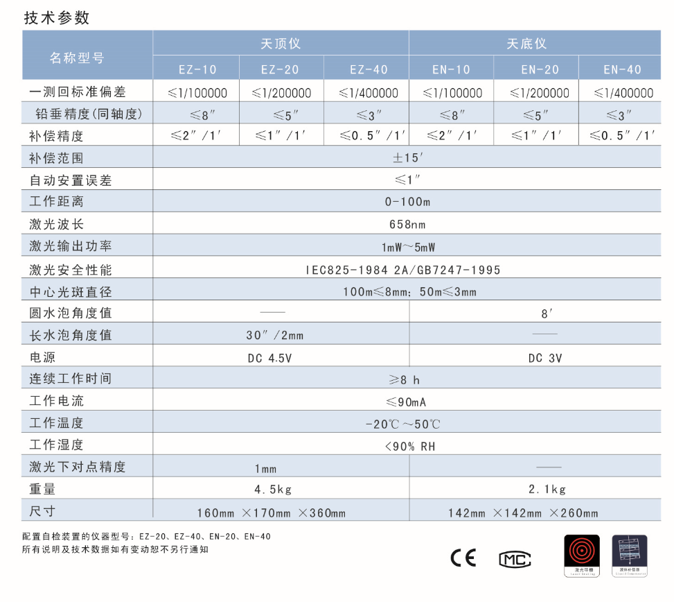 EZ-10、EZ-20、EZ-40激光自動(dòng)安平天頂儀/上垂準(zhǔn)儀技術(shù)參數(shù)